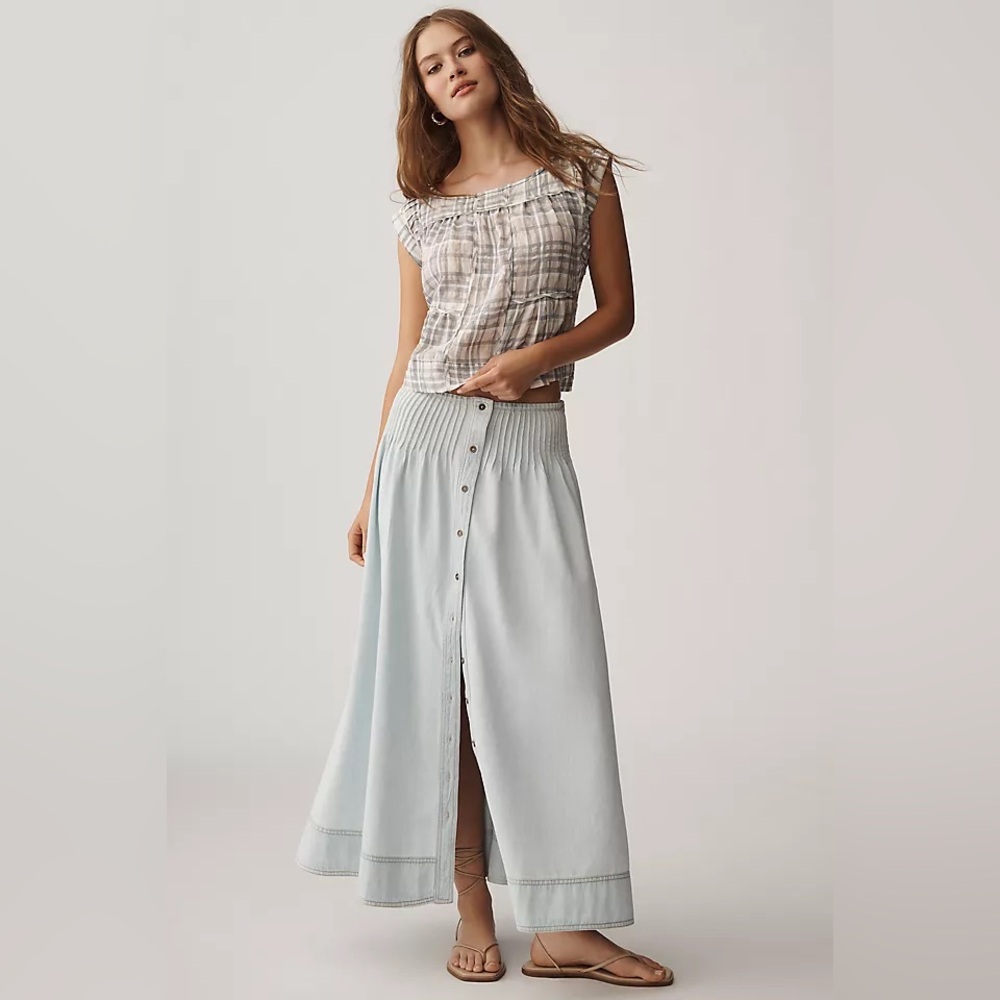 NWT Anthropologie Pilcro Size Medium Pintuck Basque-Waist Denim Maxi Skirt